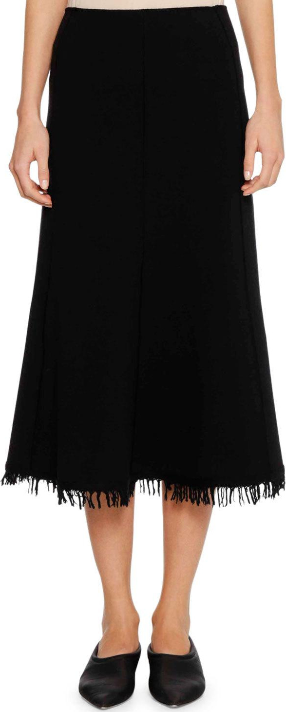 Jil Sander A-Line Calf-Length Wool-Blend Midi Skirt with Fringe Hem