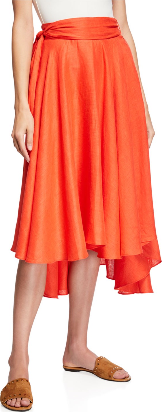 Miguelina Gale Belted Linen Midi Skirt