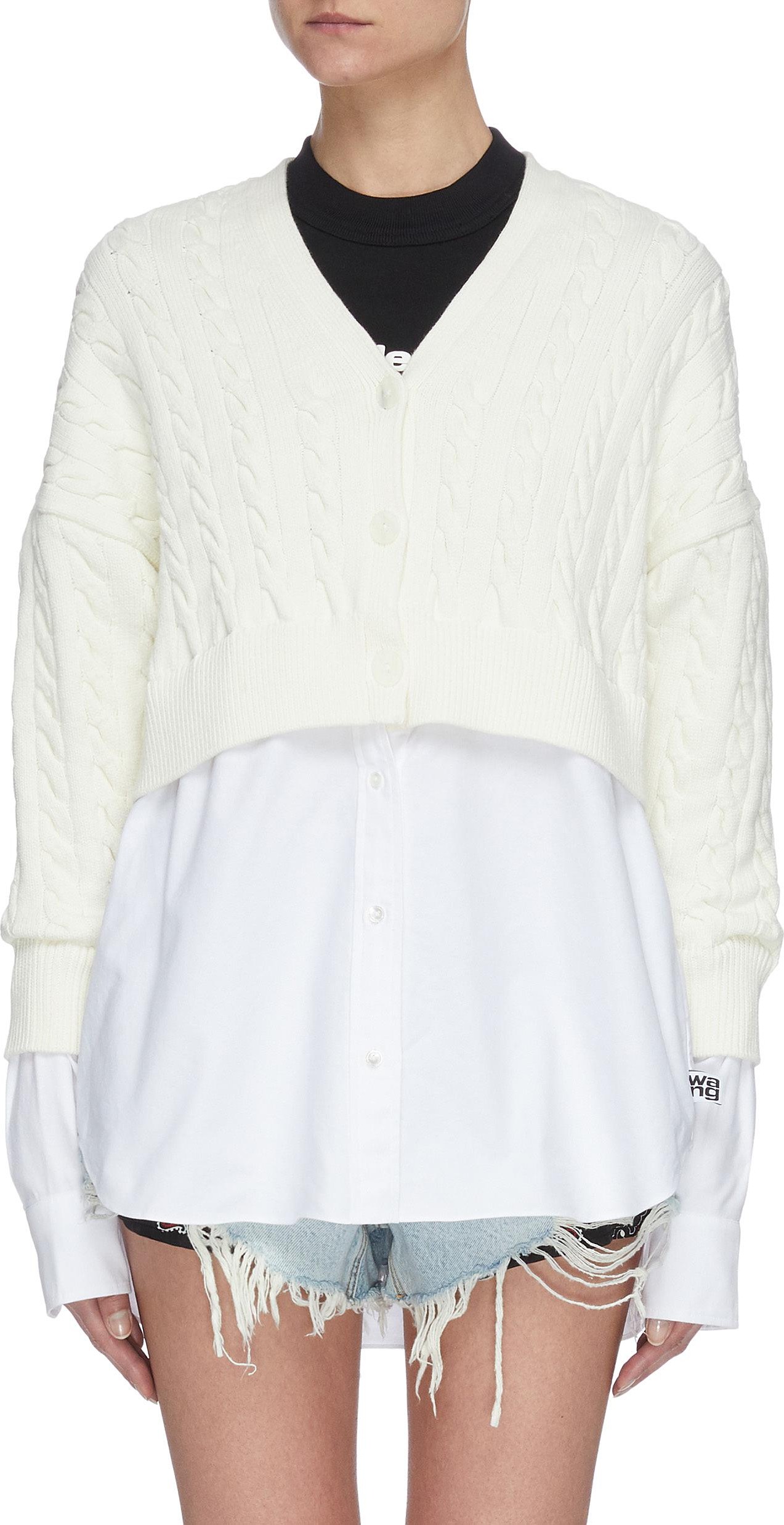 Alexanderwang.T Cable knit bi layer V neck Oxford shirting cardigan top