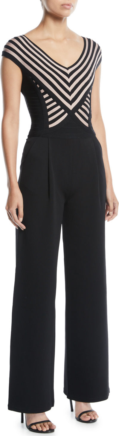 Herve Leger V-Neck Cap-Sleeve Striped Bandage Wide-Leg Jumpsuit