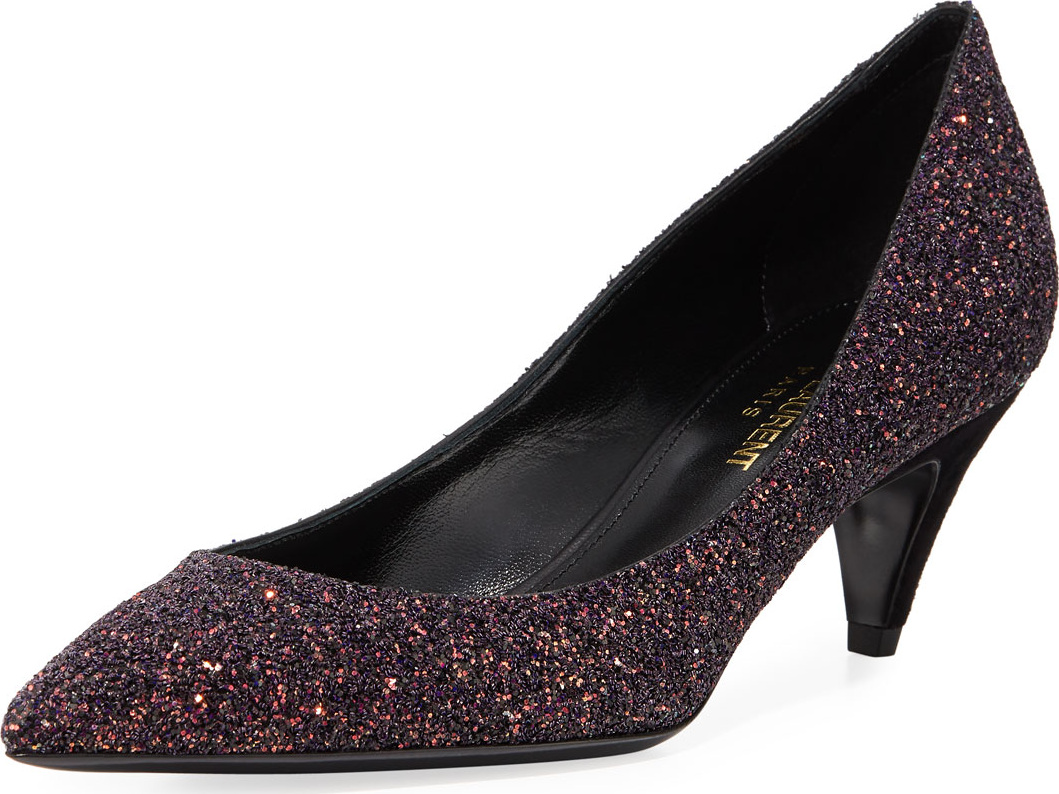 Saint Laurent Charlotte Glitter Point-toe Kitten-Heel Pumps