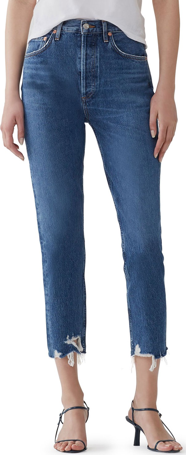 Agolde Riley High-Rise Straight Crop Jeans w/ Shredded Hem
