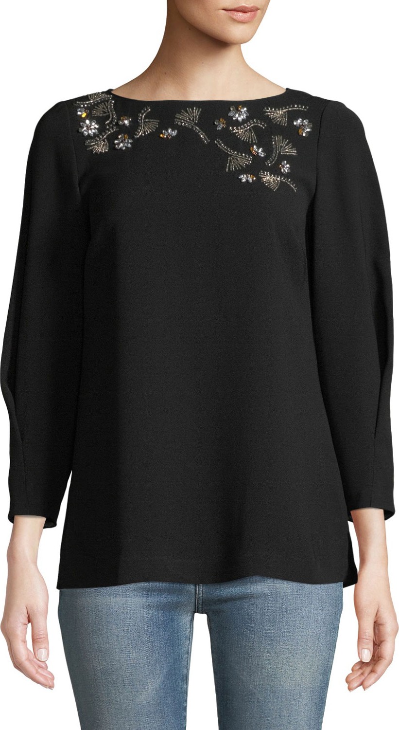 Lafayette 148 New York Caddie Finesse Crepe Blouse with Embellished Detail