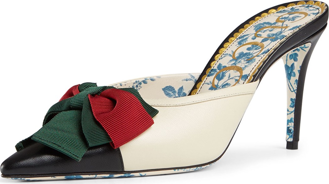 Gucci Leather Cap-Toe Mule with Web Bow