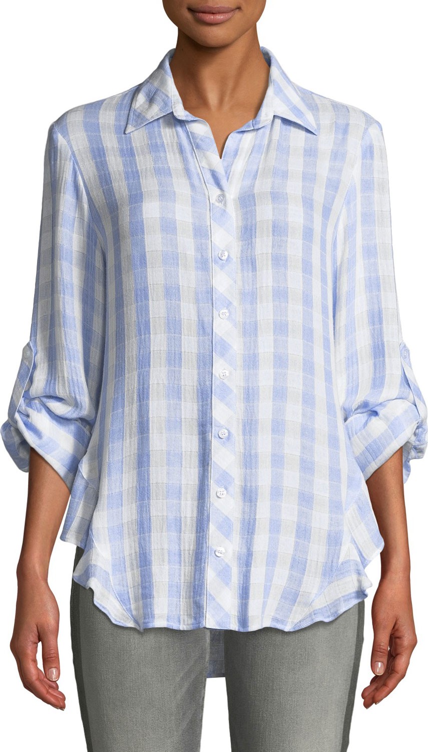 Finley Agetha Checkered-Print Long-Sleeve High-Low Blouse