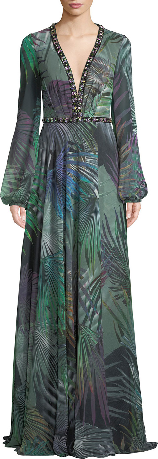 Jovani Long-Sleeve Chiffon Gown in Palm-Leaf Print