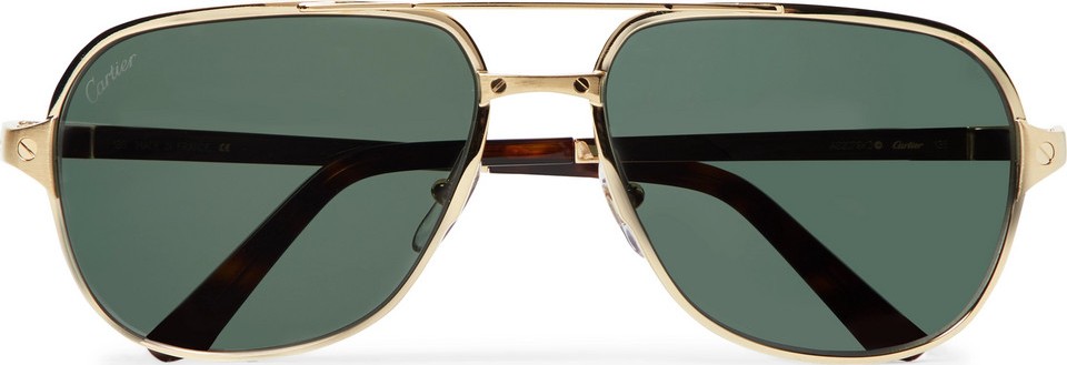 Cartier Santos de Cartier Aviator-Style Leather-Trimmed Gold-Tone Sunglasses