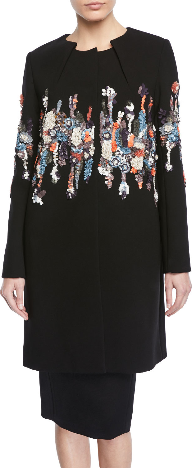 Zac Posen Pleated-Neck Garden-Sequined Embroidered Coat