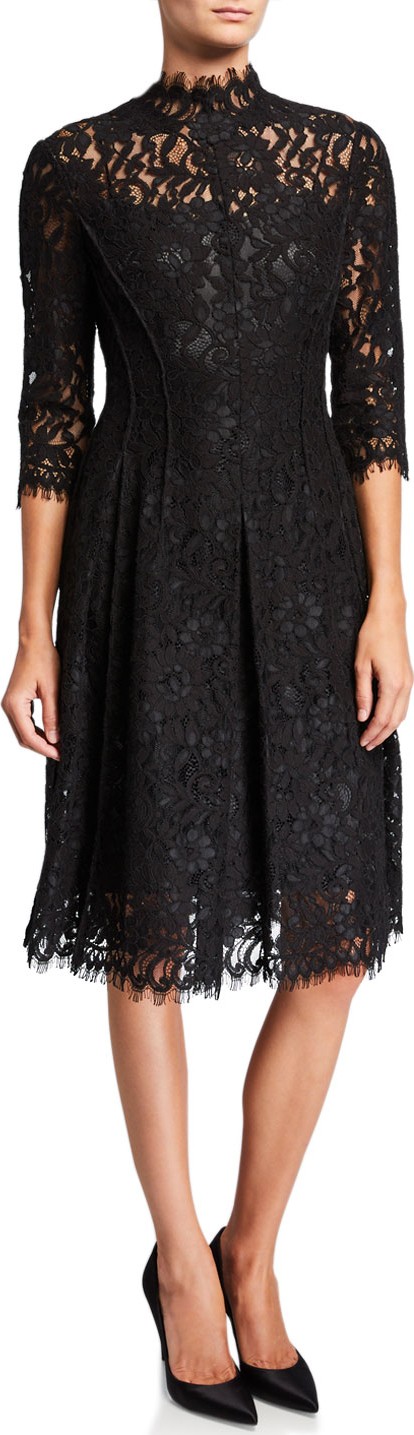 Rickie Freeman for Teri Jon Lace Mock-Neck Half-Sleeve Dress