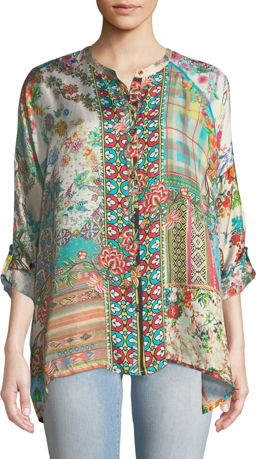 Johnny Was Resort Boxy Silk Button-Front Tunic