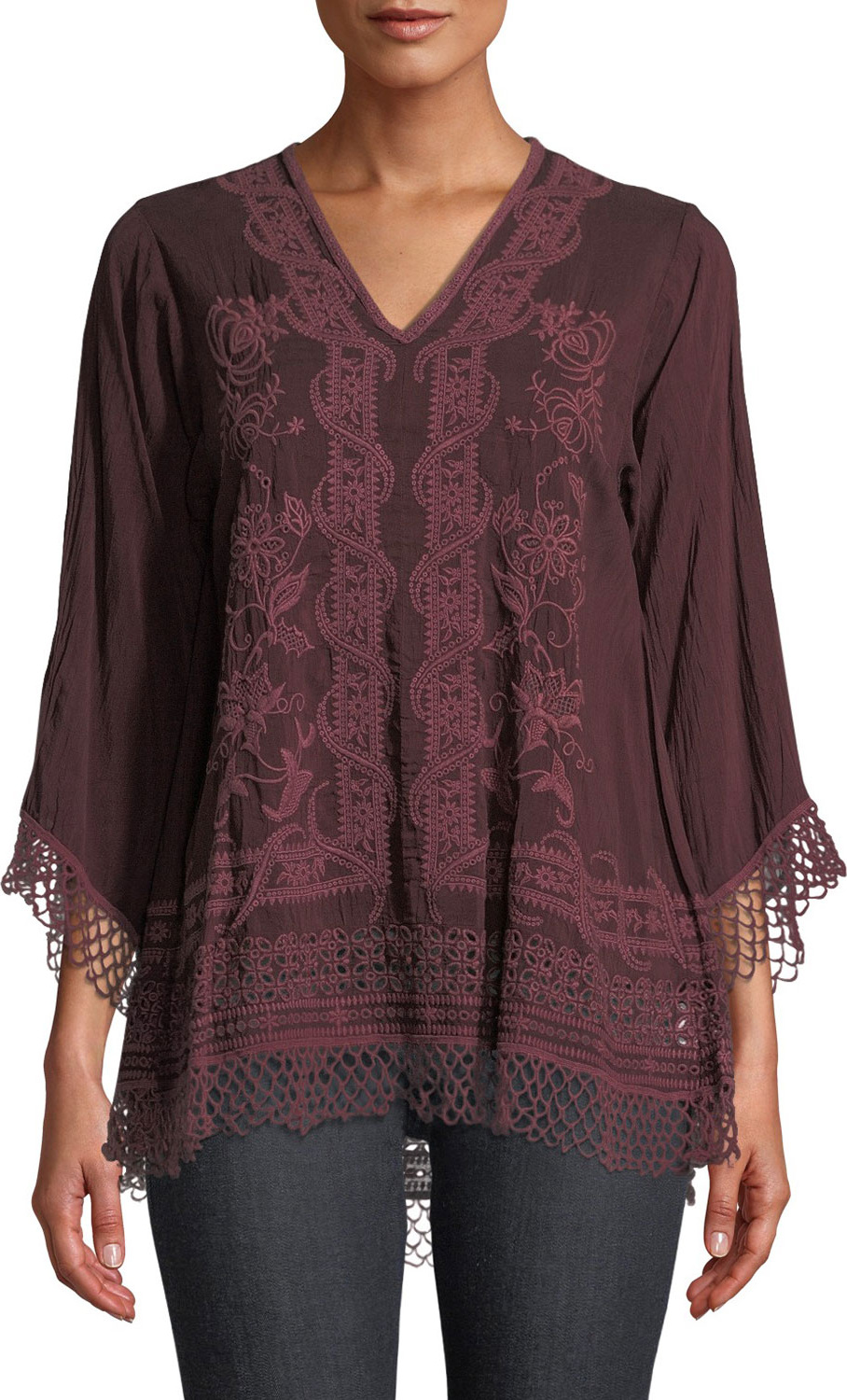 Johnny Was Assic V-Neck Top with Lace Trim