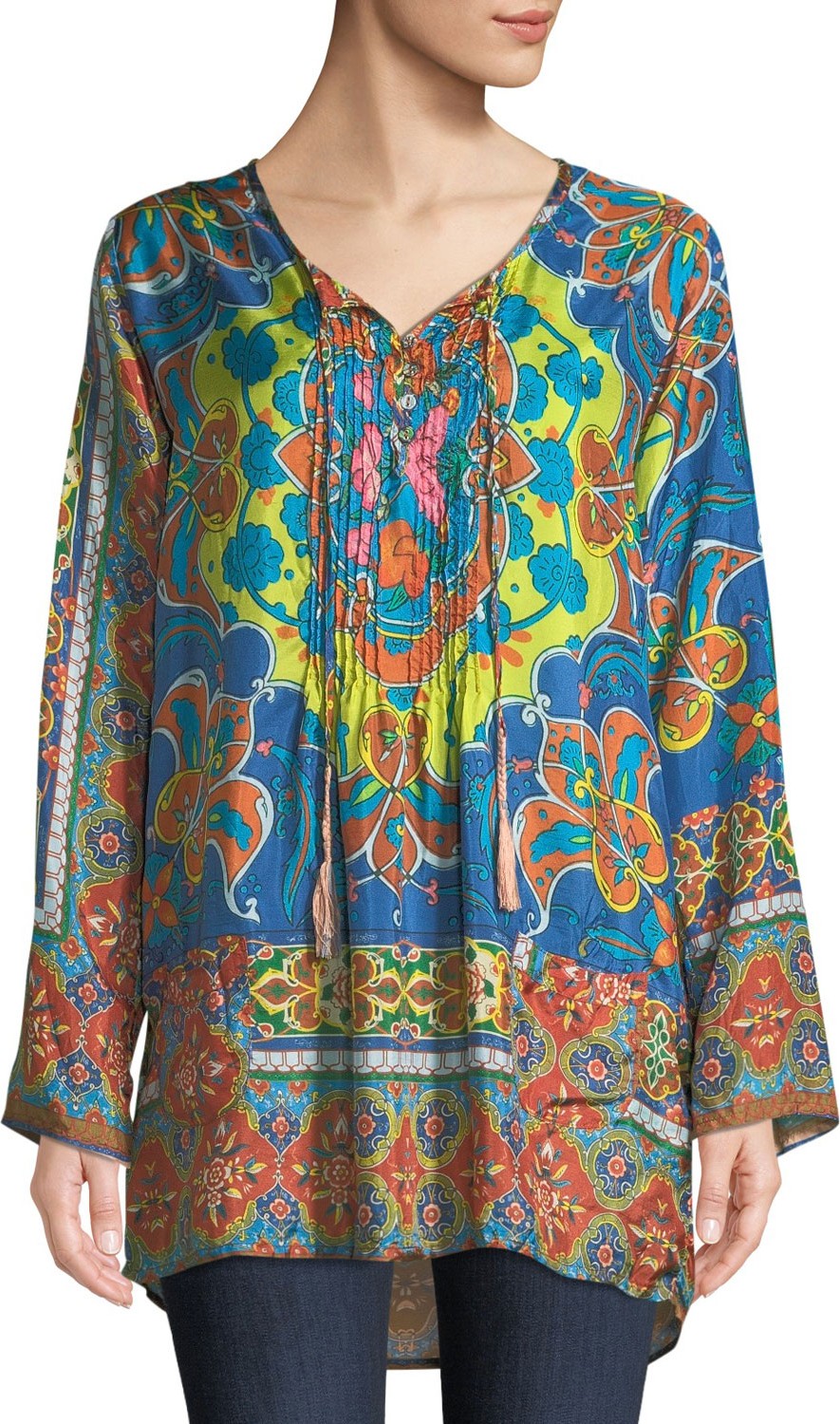 Johnny Was Valeni Tie-Neck Printed Silk Georgette Tunic