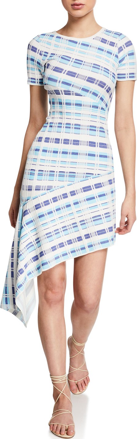 MILLY Plaid Directional Draped Short-Sleeve Asymmetric Dress