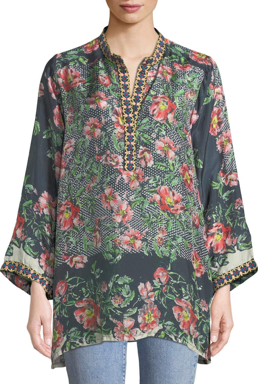 Johnny Was Kish Floral-Print Silk Tunic