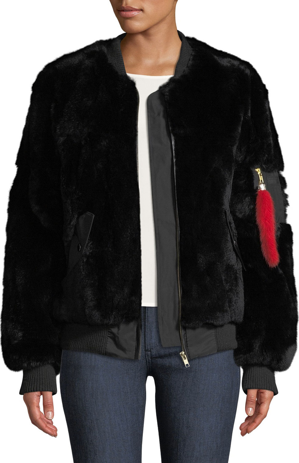Adrienne Landau Rex Rabbit Fur Varsity Jacket