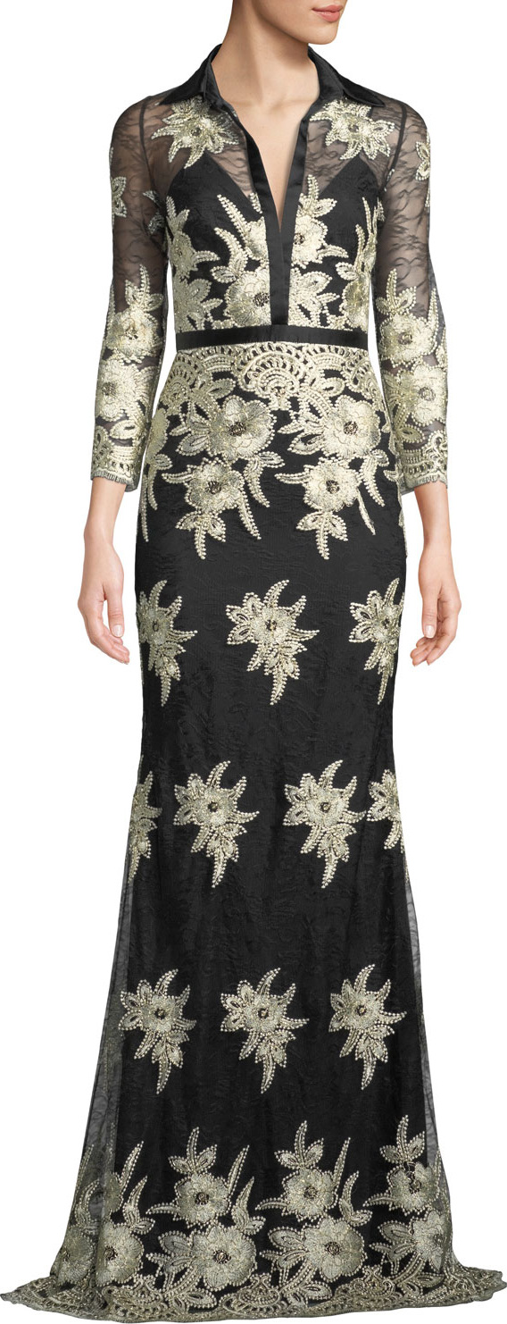 Badgley Mischka Collared Floral Lace Shirt Dress