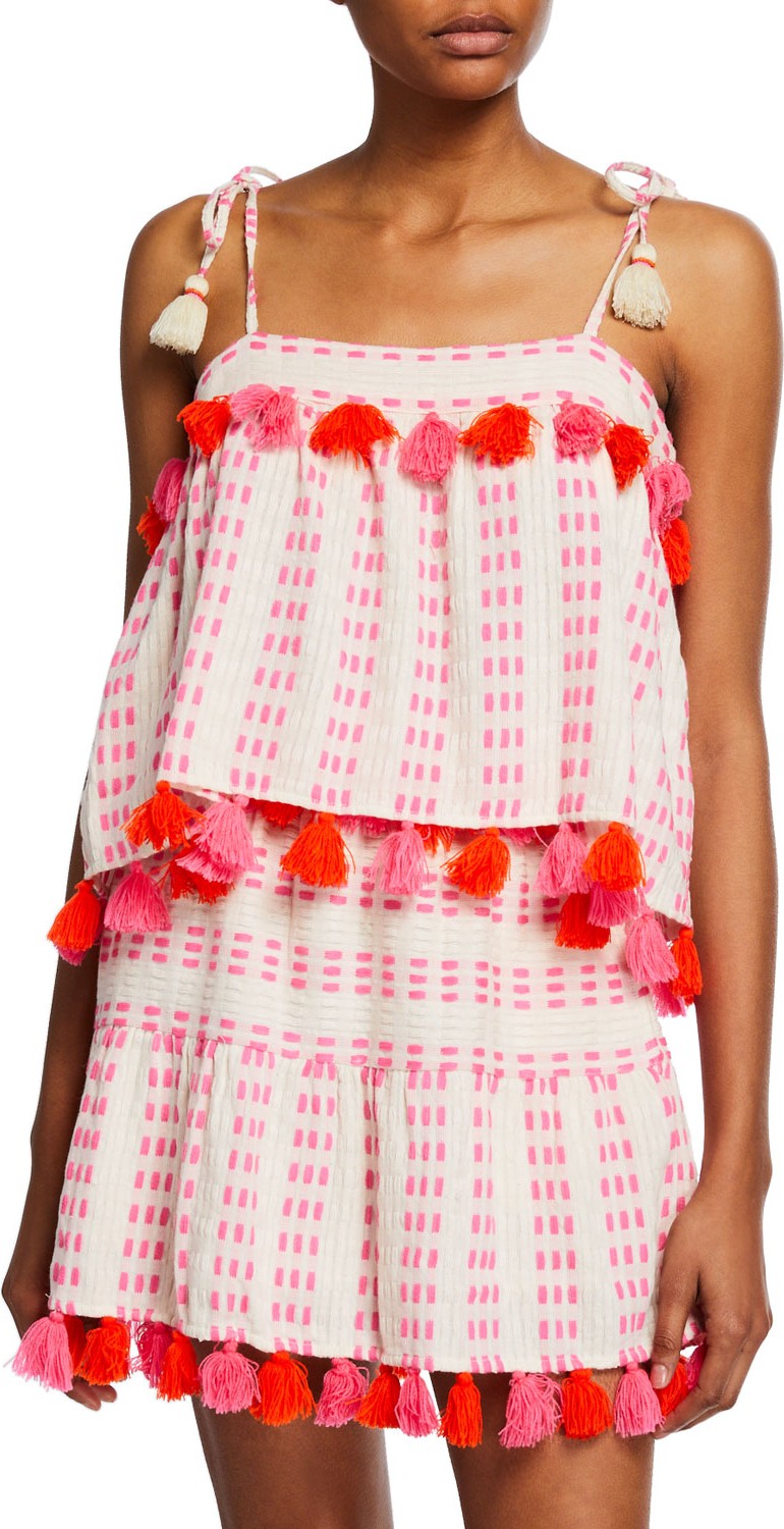 Tessora Solita Tiered-Print Pompom Top