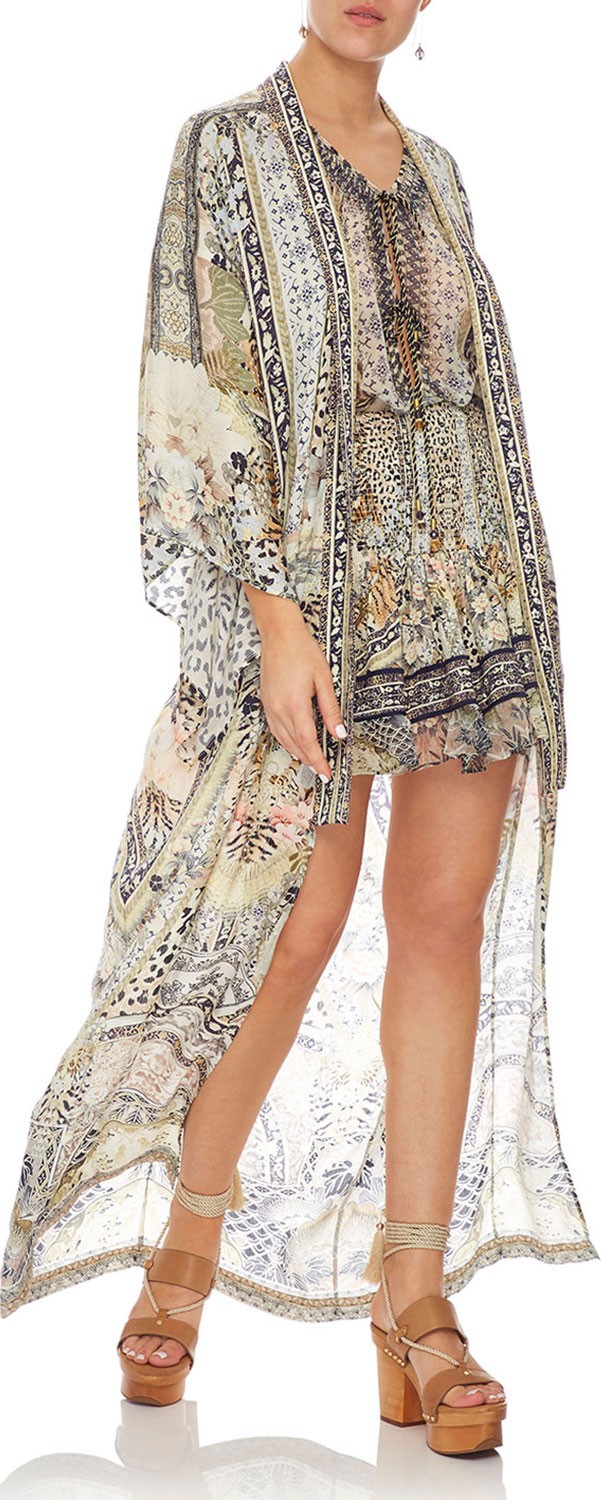 Camilla Embellished Silk Long Kimono Coat Coverup