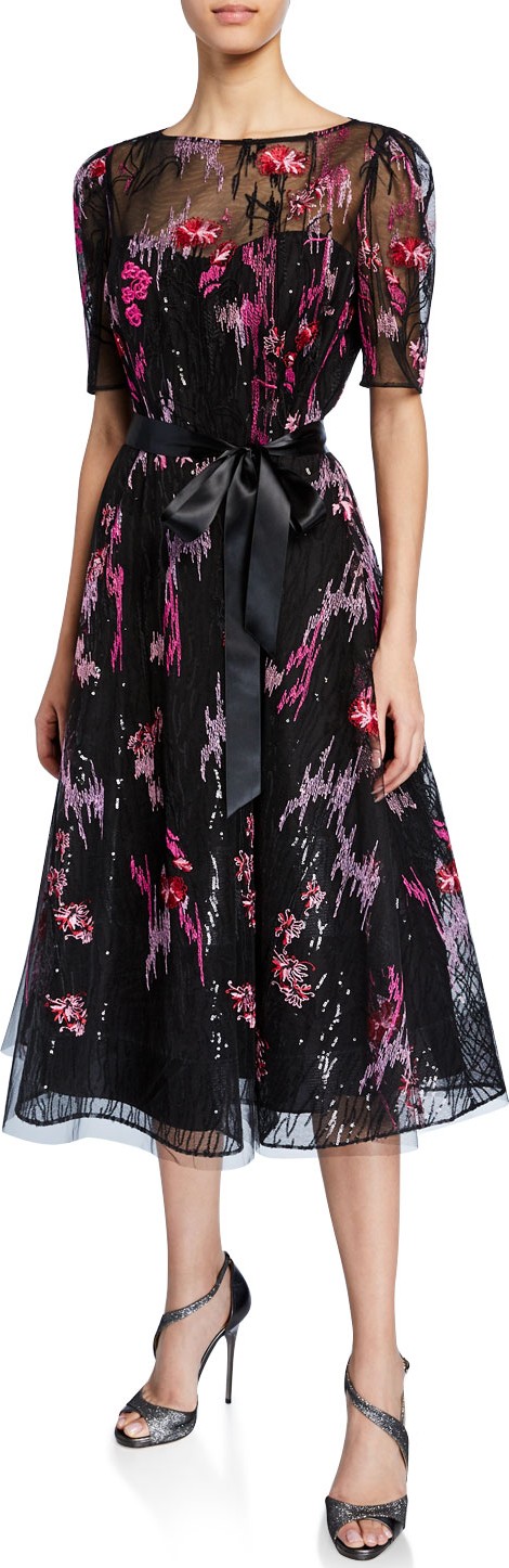 Rickie Freeman for Teri Jon Elbow-Sleeve Embroidered Tulle Cocktail Dress w/ Sequin Underlay