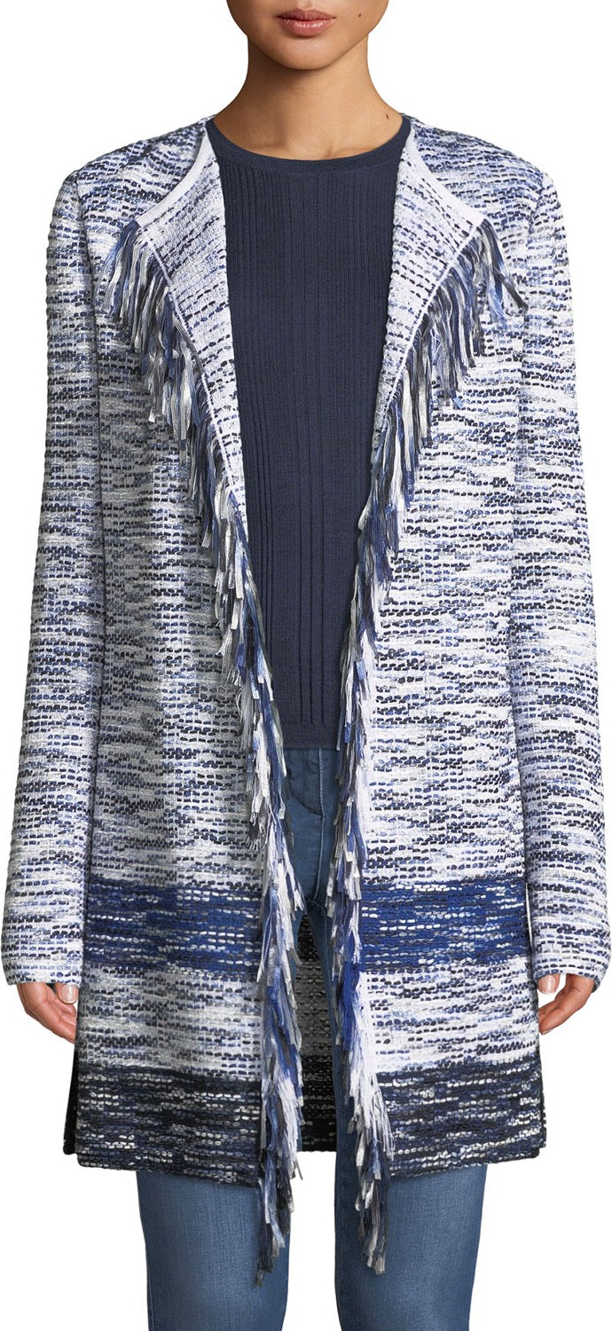 St. John Multi-Tweed Fringe Waterfall Cardigan