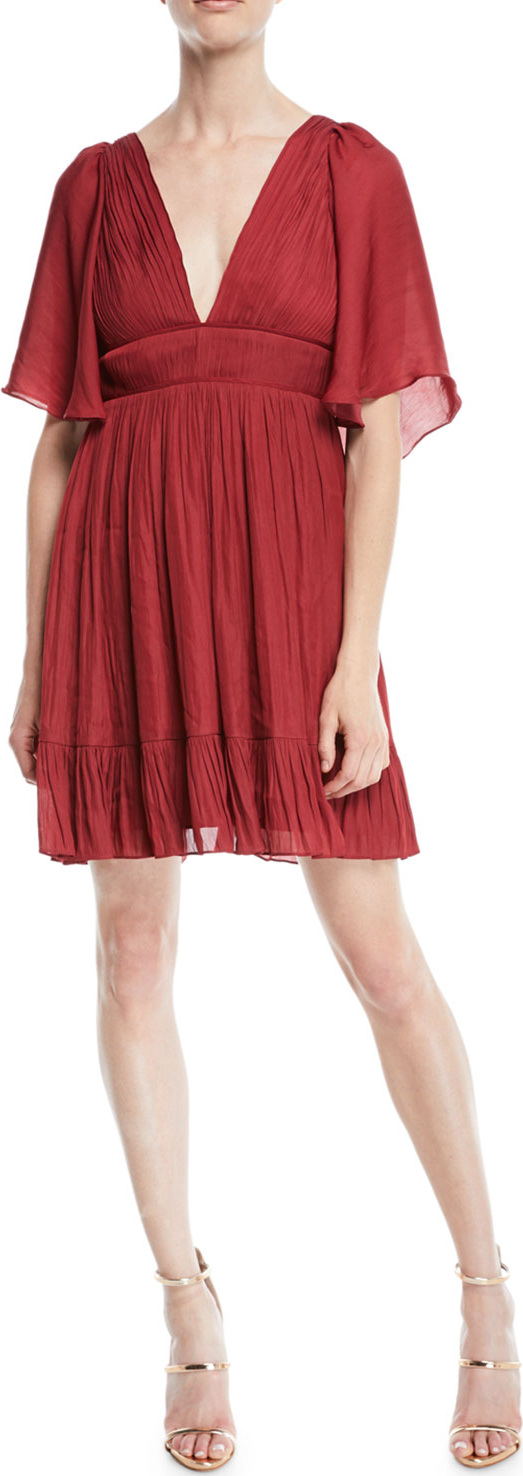HALSTON HERITAGE Flowy Mini Dress w/ Capelet & Pleating