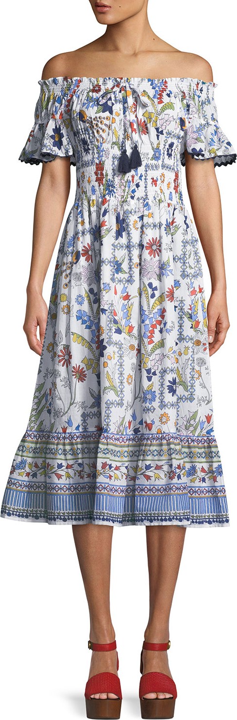 Tory Burch Meadow Folly Off-the-Shoulder Floral Midi Dress