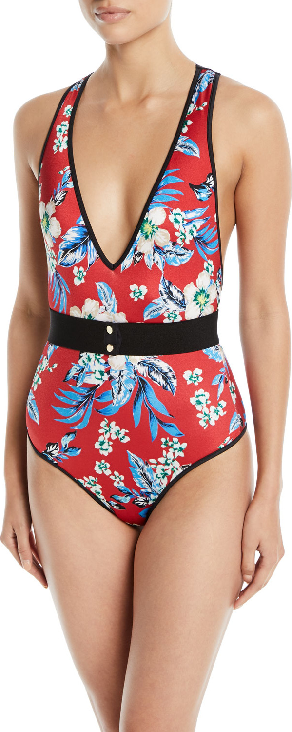 DIANE von FURSTENBERG Floral V-Neck One-Piece Swimsuit with Belt