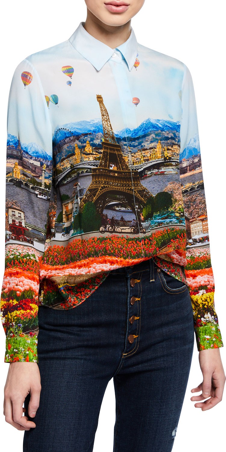 Alice + Olivia Willa Printed Long-Sleeve Placket Top