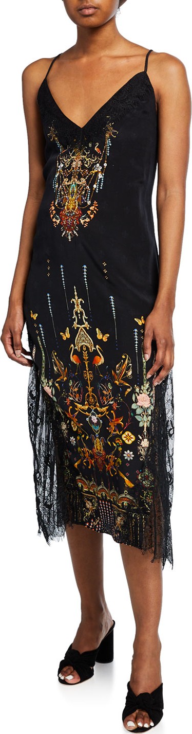 Camilla V-Neck Embroidered Lace Slip Dress with Lace-Up Back