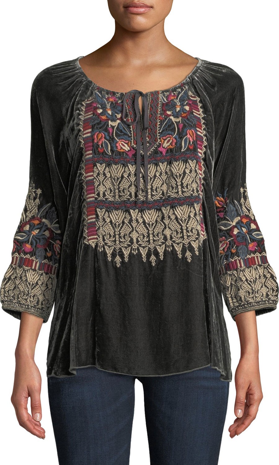 Johnny Was Claude 3/4-Sleeve Velvet Peasant Blouse w/ Embroidery