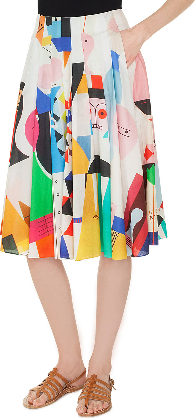 Akris Wooden-Doll Print Pleated A-Line Cotton Voile Skirt