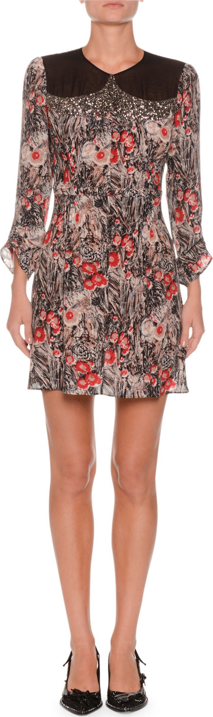 Nº21 Jewel-Neck Ruched-Sleeve Floral-Print Silk Mini Dress w/ Cutout Back