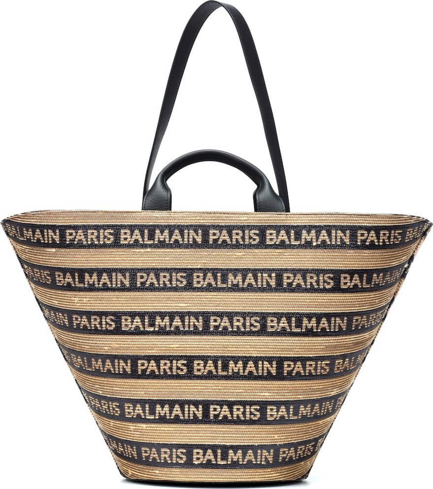 Balmain Leather-trimmed rafia tote