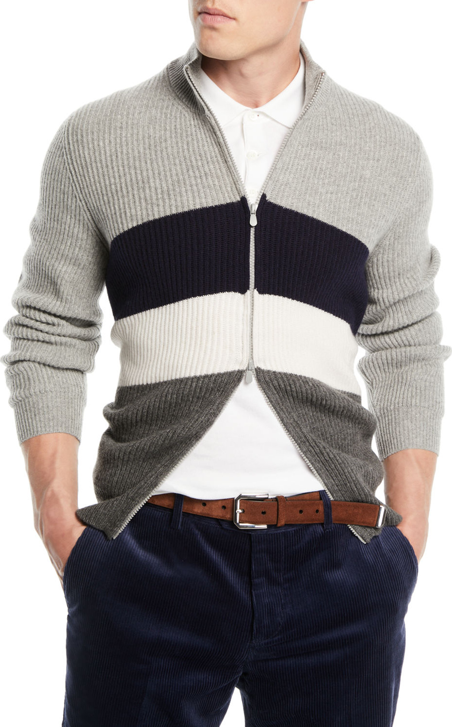 Brunello Cucinelli Men's Cashmere Chevron Colorblock Zip Cardigan