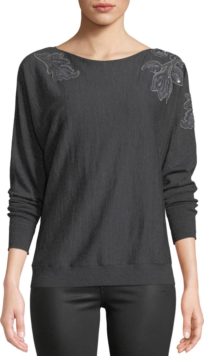 Lafayette 148 New York Dolman-Sleeve Merino Wool Sweater w/ Embroidery