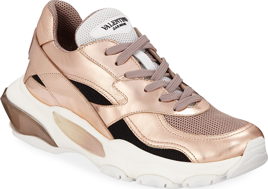Valentino Bounce Metallic Leather/Nylon Lace-Up Sneakers