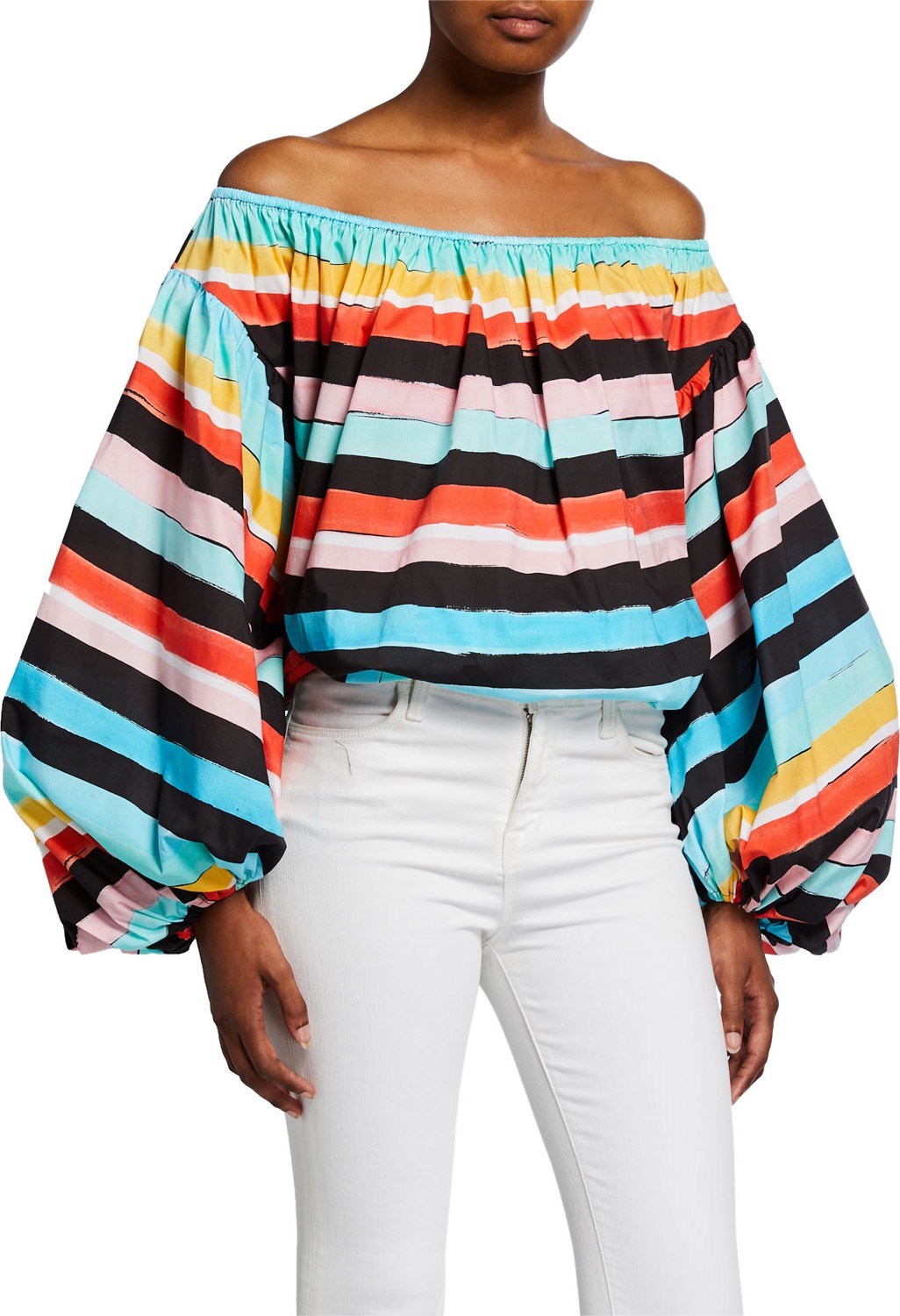 Caroline Constas Andros Striped Off-the-Shoulder Balloon-Sleeve Crop Top