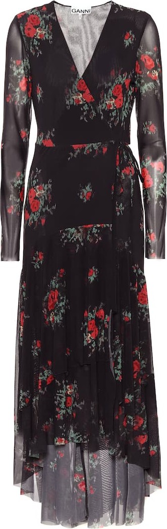 Ganni Floral mesh midi wrap dress
