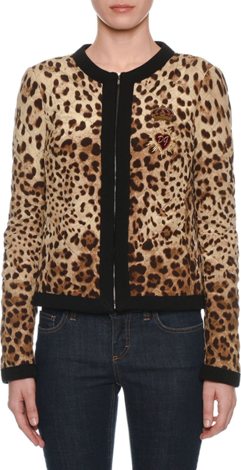 Dolce & Gabbana Zip-Front Leopard-Print Quilted Silk Jacket