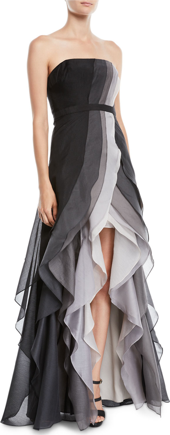 HALSTON HERITAGE Strapless Ombré Tiered Ruffle Gown