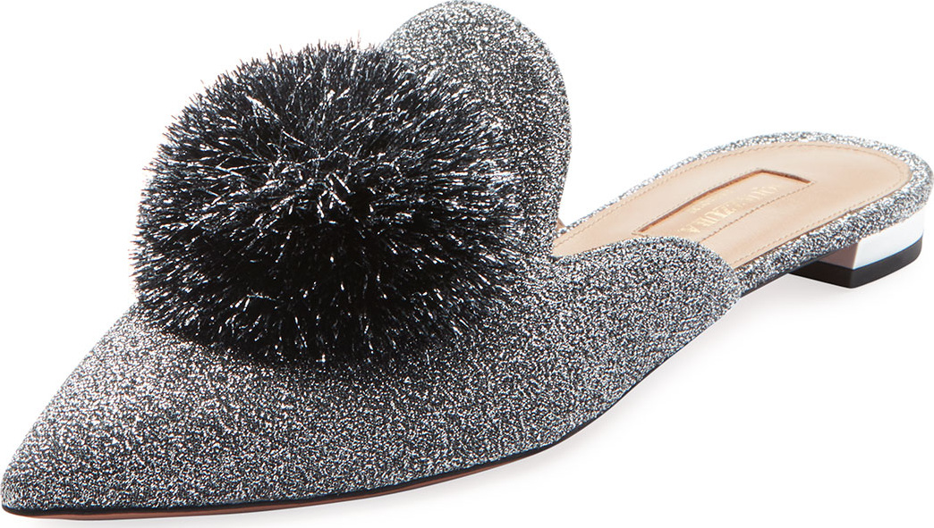 Aquazzura Powder Puff Pompom Metallic Fabric Mule Flat