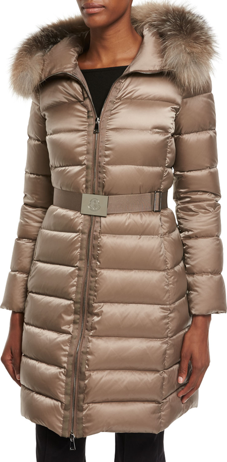 Moncler Tinuviel Shiny Quilted Puffer Coat w/Fur Hood