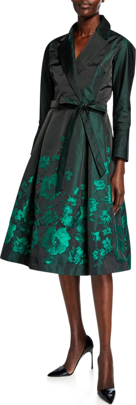 Rickie Freeman for Teri Jon Bracelet-Sleeve Taffeta Shirtdress with Floral Print