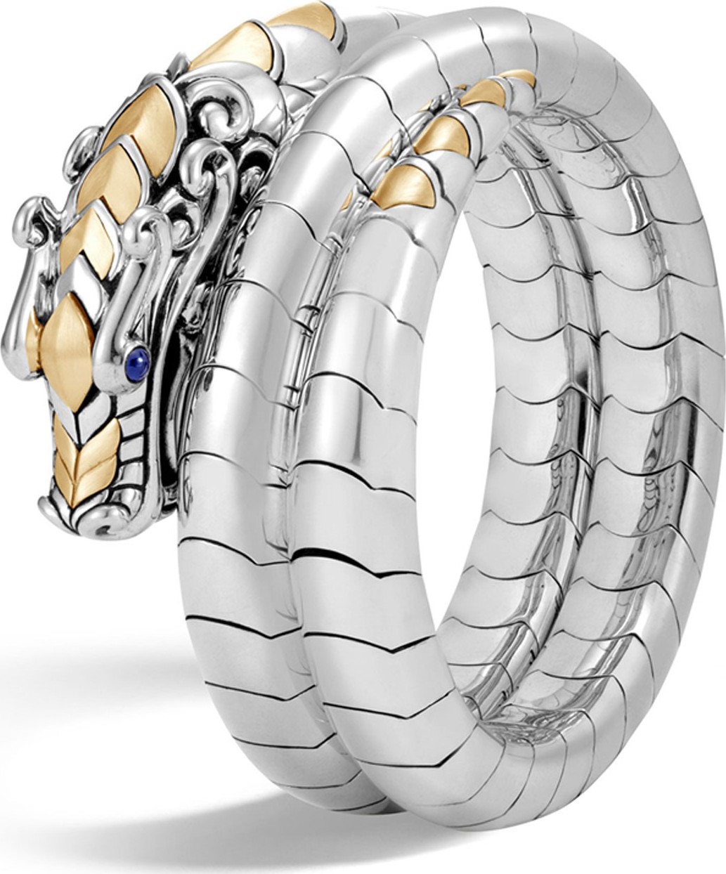 John Hardy Legends Naga 18K Gold & Silver Double Coil Bracelet with Blue Sapphire Eyes