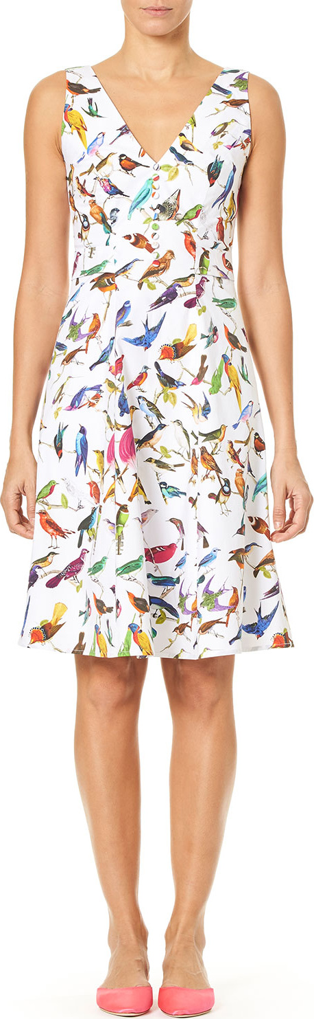 Carolina Herrera V-Neck A-Line Bird-Print Dress