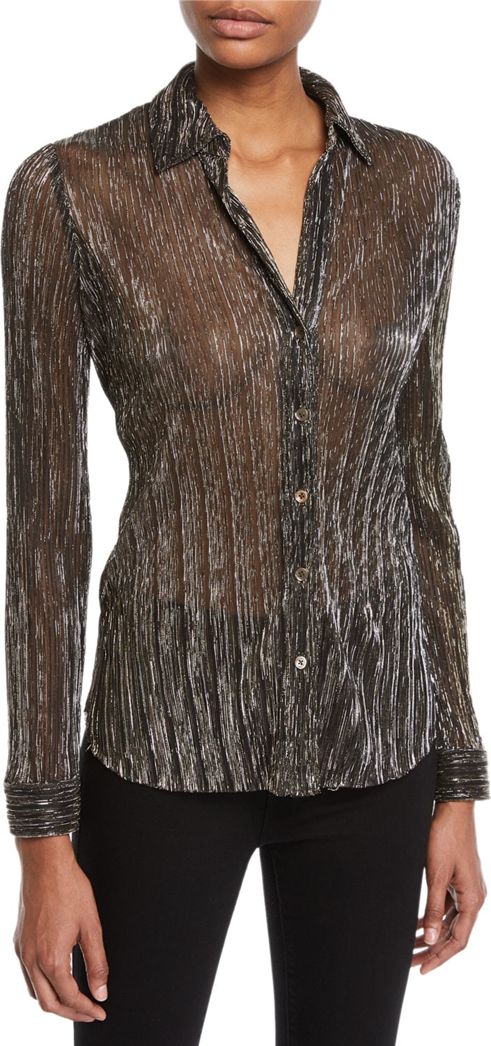 L'AGENCE Nina Long-Sleeve Metallic Button-Front Blouse