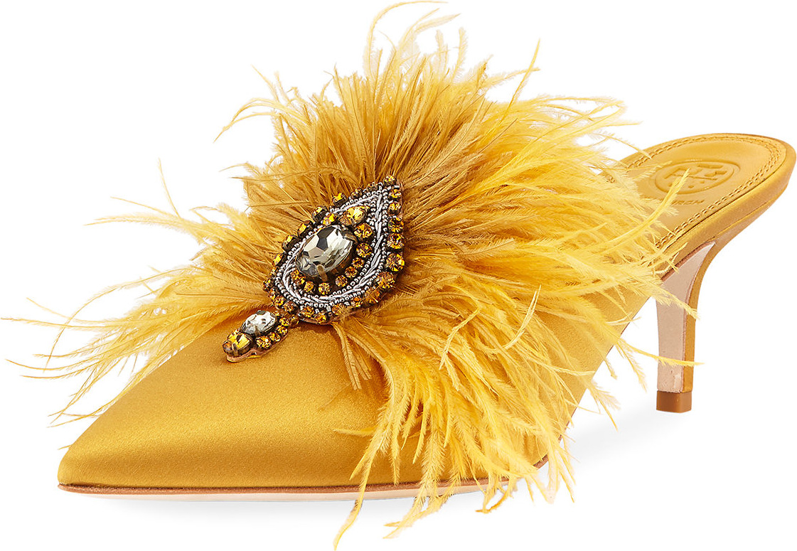 Tory Burch Elodie Feather Embellished Satin Mule