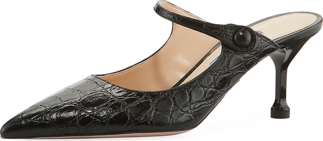 Prada Pointed Crocodile-Print Mules