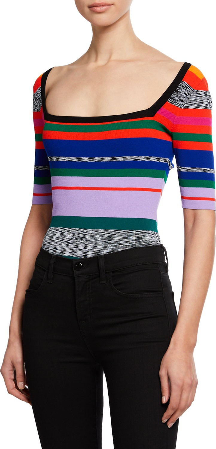 MILLY Space-Dye Rainbow-Stripe Square-Neck Tee