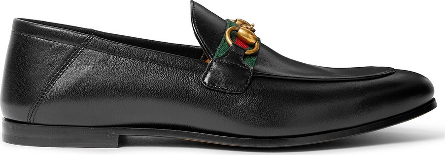 Gucci Brixton Webbing-Trimmed Horsebit Collapsible-Heel Leather Loafers